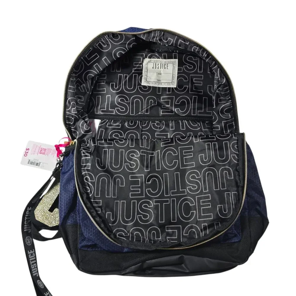 NWT Justice Girls 17” Backpack with Lanyard - Navy Blue Gold, Back to School